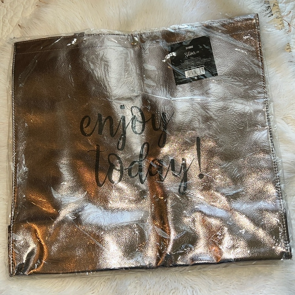 NWT Large Enjoy Today Silver Vegan Leather Tote Bag